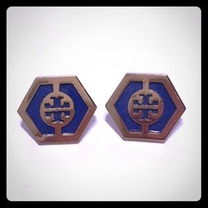 Tory Burch Blue & Gold Logo stud earrings
